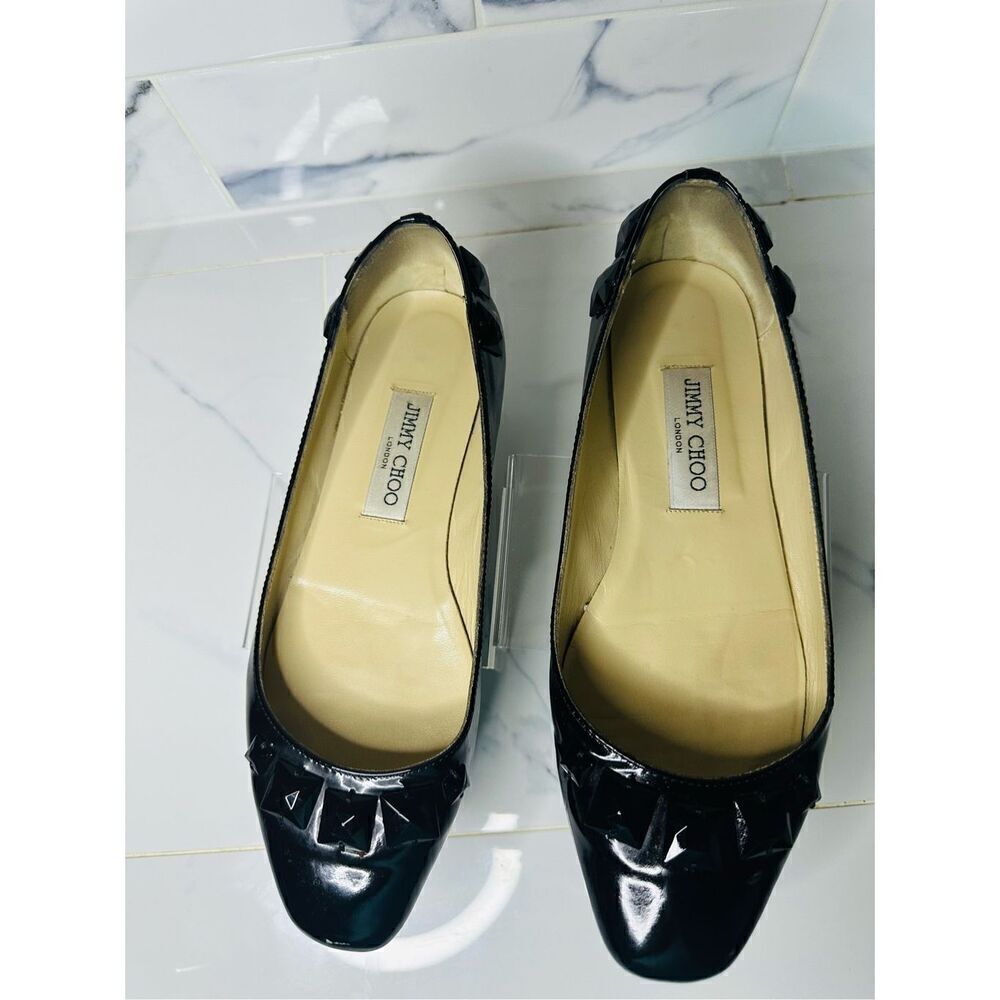 JIMMY CHOO GENNA BALLET FLATS BLACK FACETED ACCENTS SIZE 38 1/2